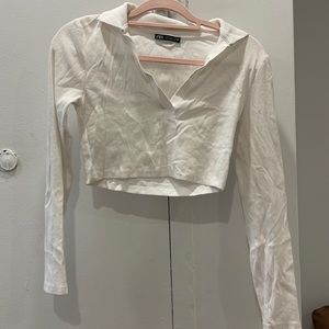 Zara white long sleeve crop top with collar